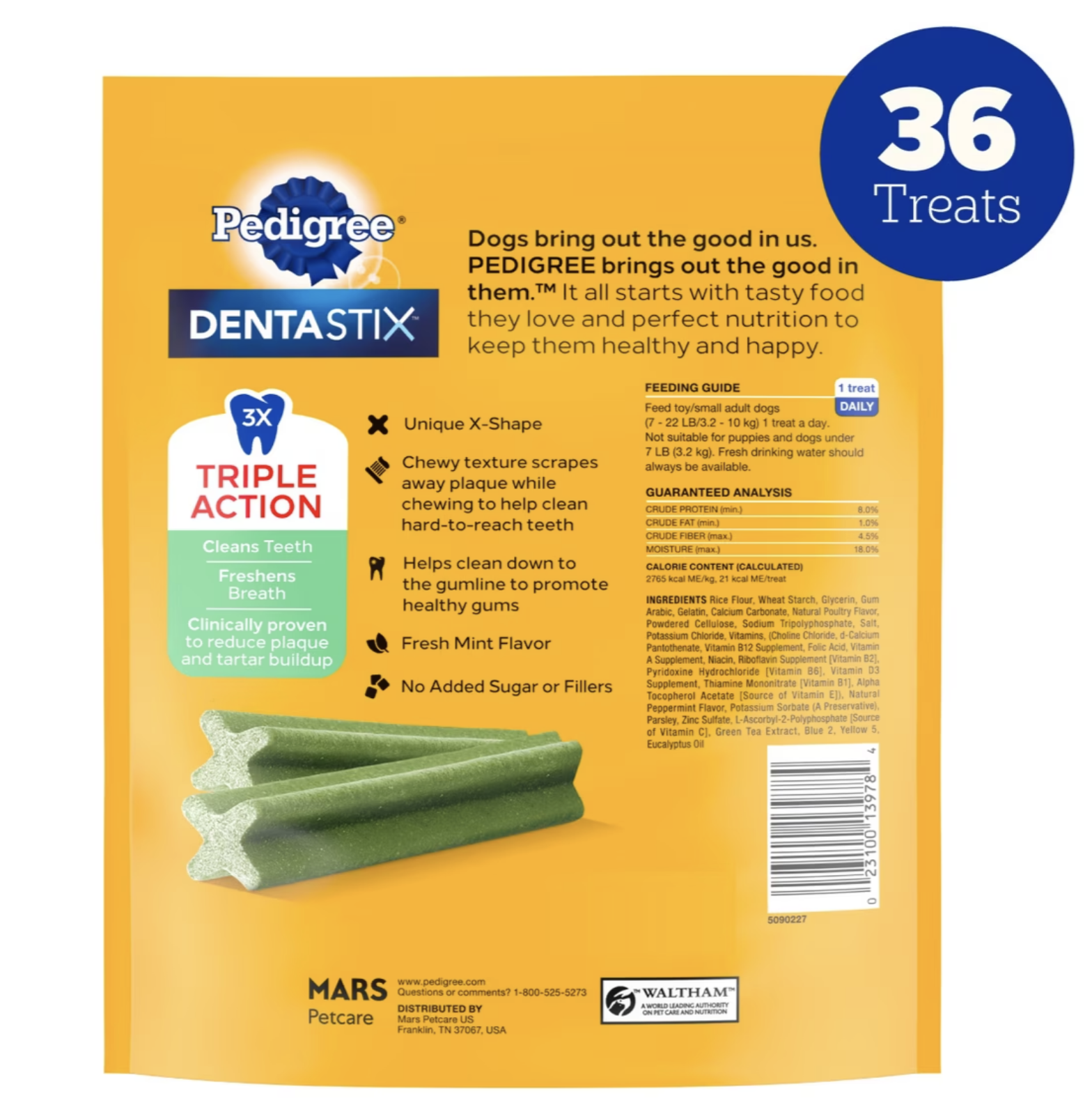 Back of the Dentastix pack showing feeding guide, guaranteed analysis and full ingredient list