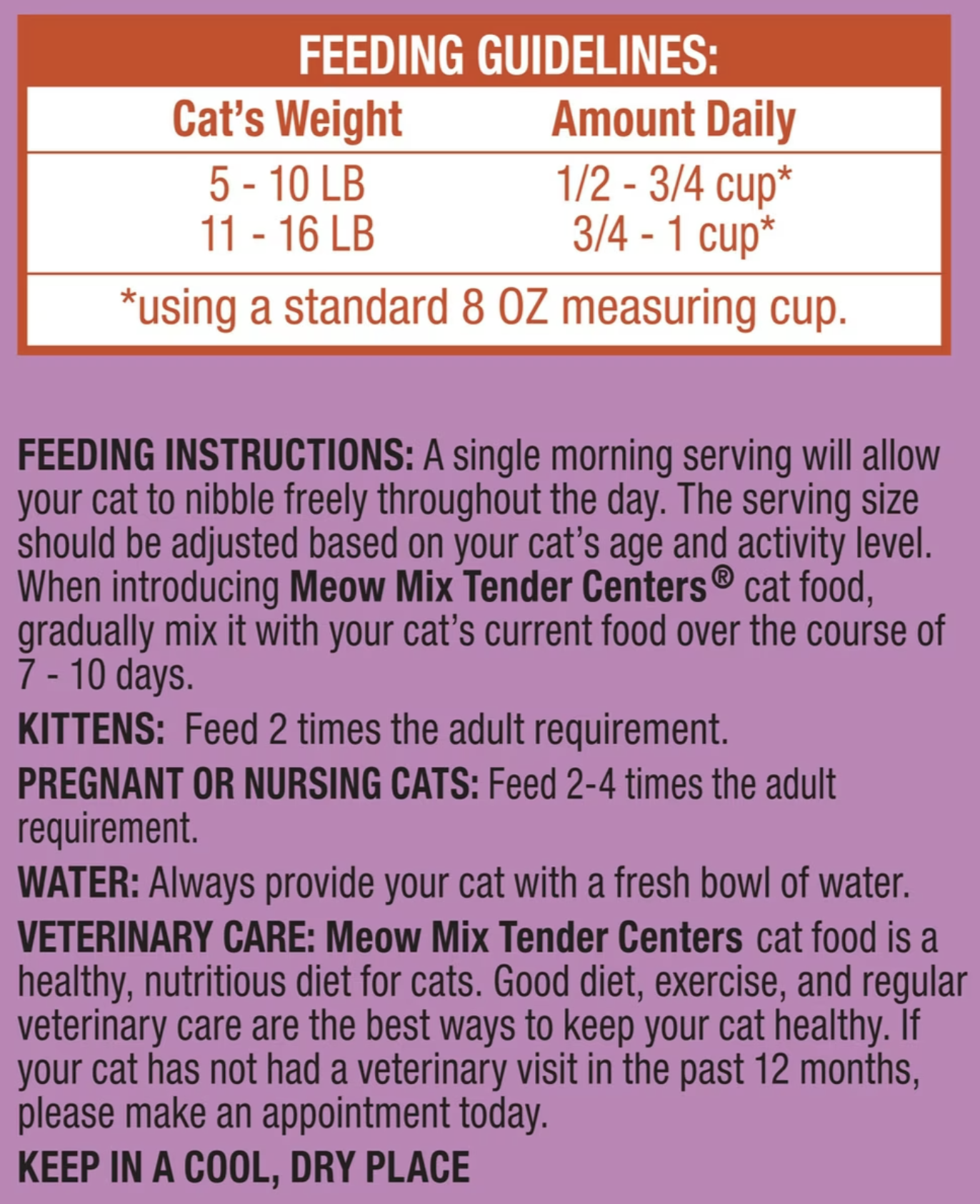 Meow Mix Tender Centers feeding guidelines panel showing daily amounts by cat weight and feeding instructions