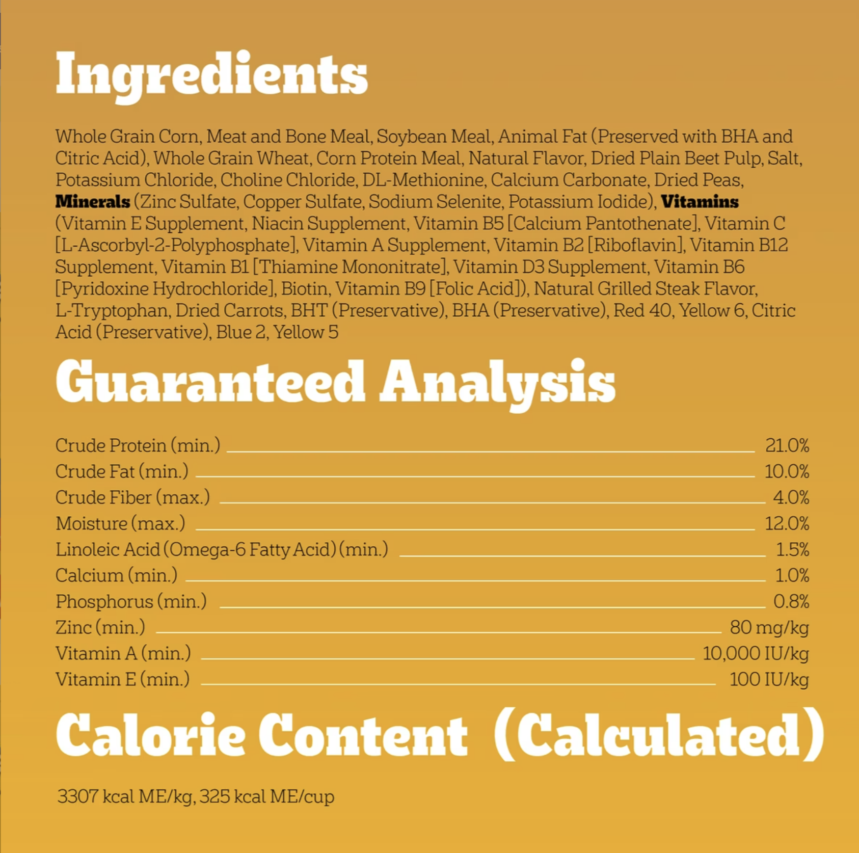 Pedigree ingredient panel, guaranteed analysis and calorie content showing 3307 kcal ME/kg and 325 kcal per cup