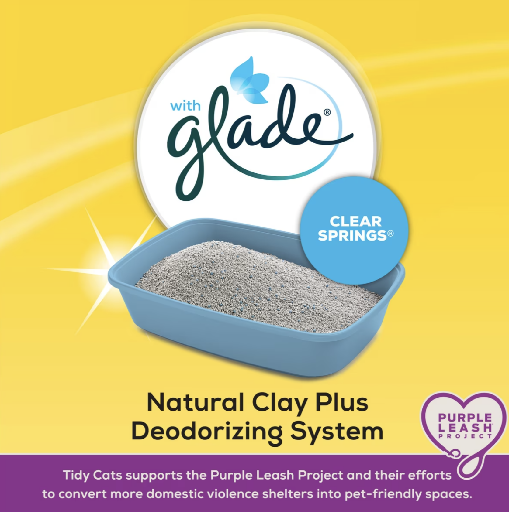 Graphic showing the Glade Clear Springs deodorising system and natural clay litter in a blue tray
