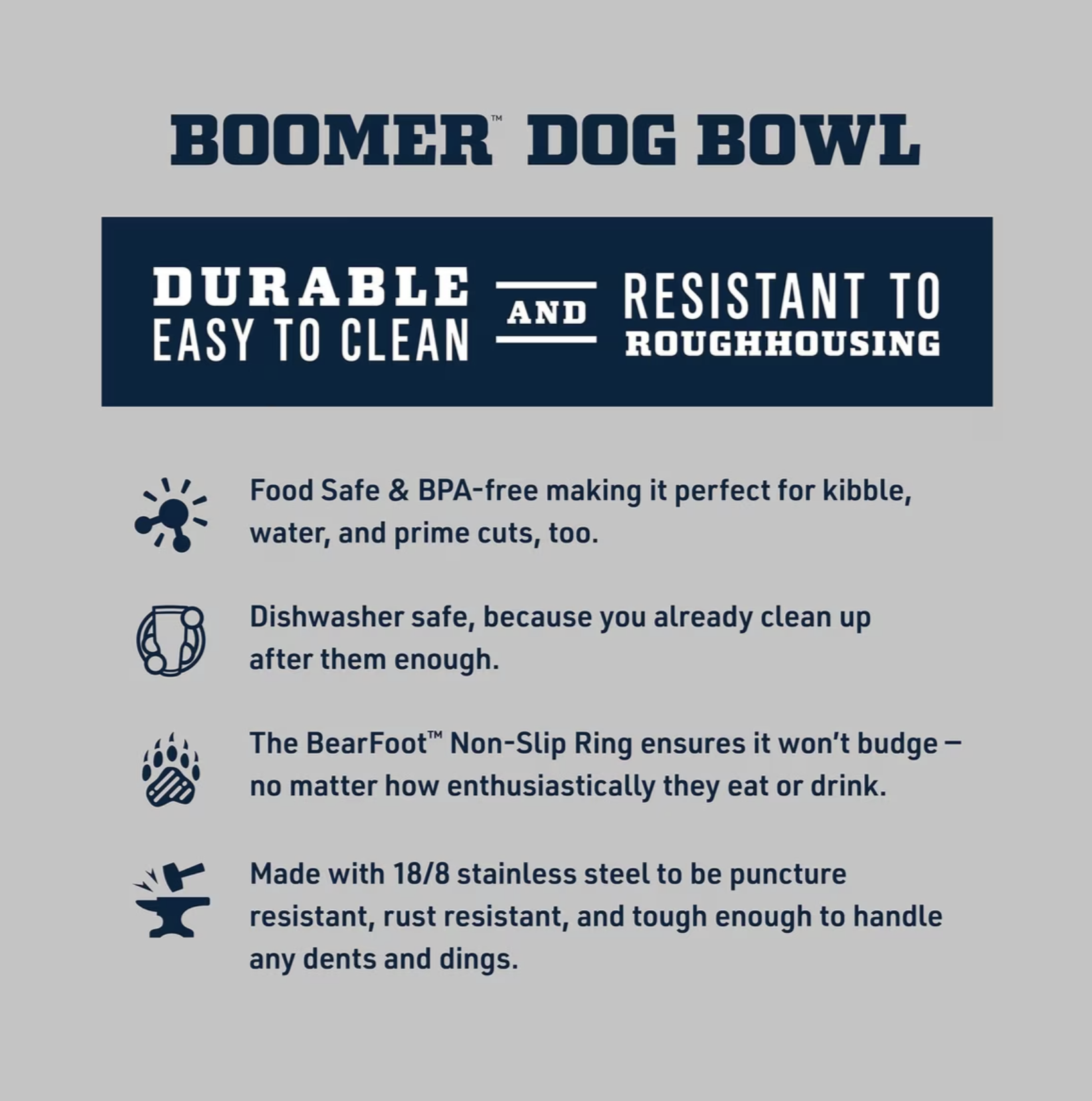YETI Boomer dog bowl feature graphic listing food safe and BPA-free, dishwasher safe, BearFoot non-slip ring and 18/8 stainless steel construction