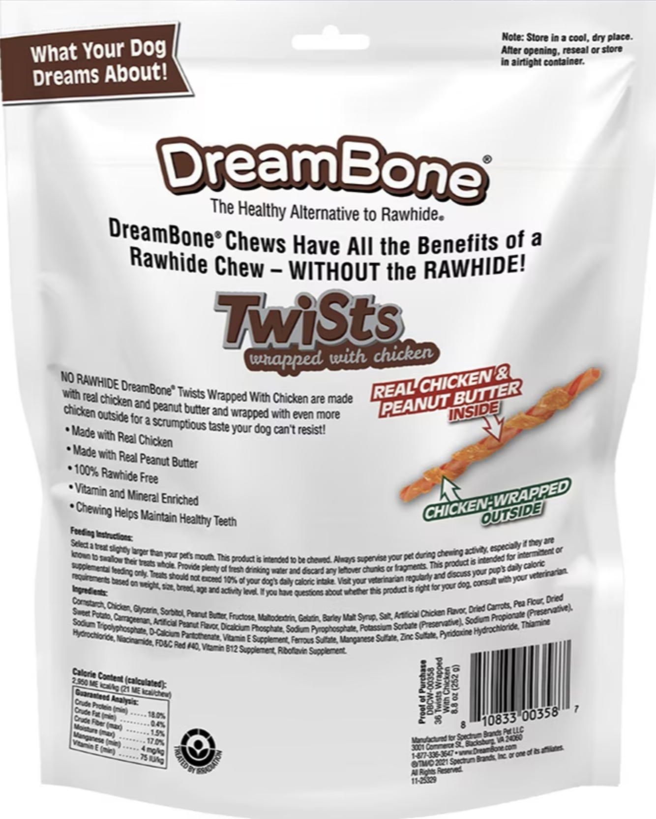 Back of the DreamBone Twists bag showing ingredients, feeding instructions and guaranteed analysis