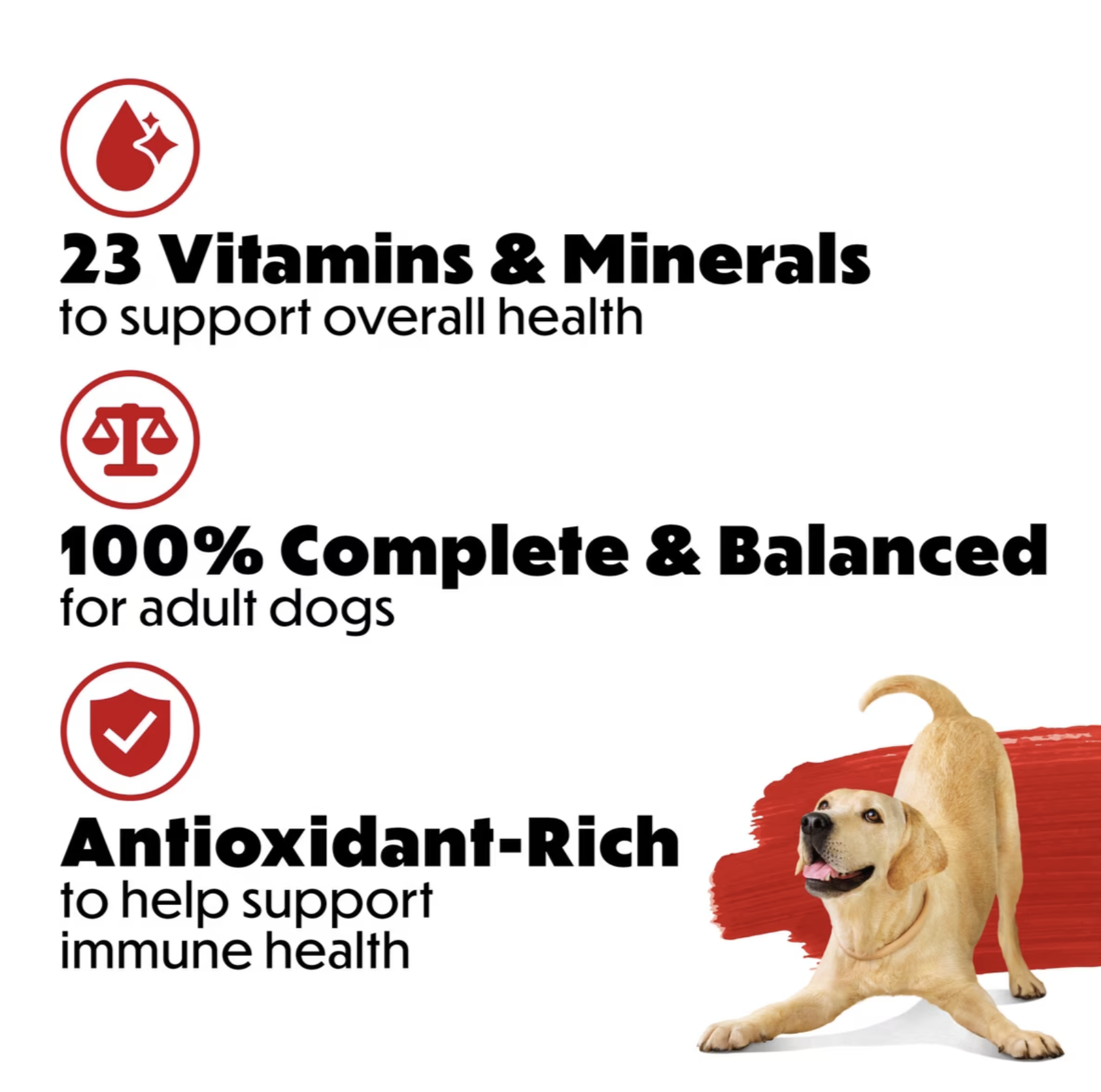 Beneful marketing graphic listing 23 vitamins and minerals, 100% complete and balanced for adult dogs, and antioxidant-rich for immune health