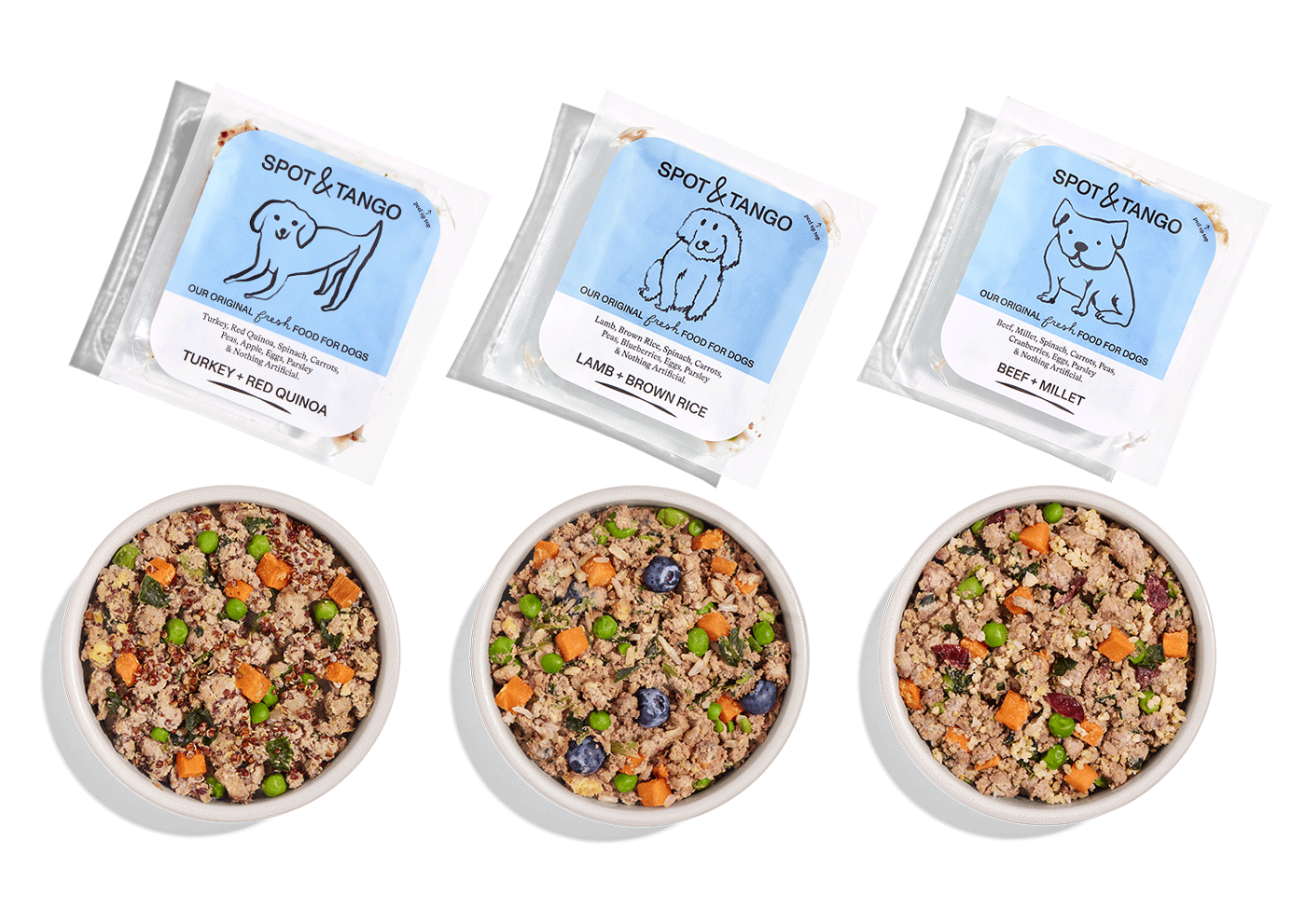 Three Spot & Tango fresh meal packs — turkey and red quinoa, lamb and brown rice, beef and millet — shown beside bowls of the prepared food