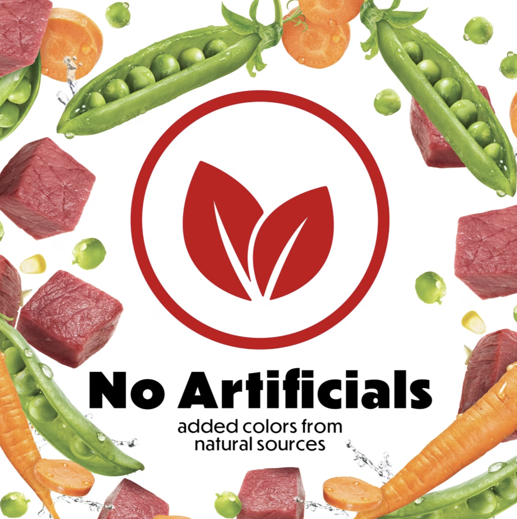 Beneful graphic stating no artificials, with added colours from natural sources, surrounded by beef, peas and carrots