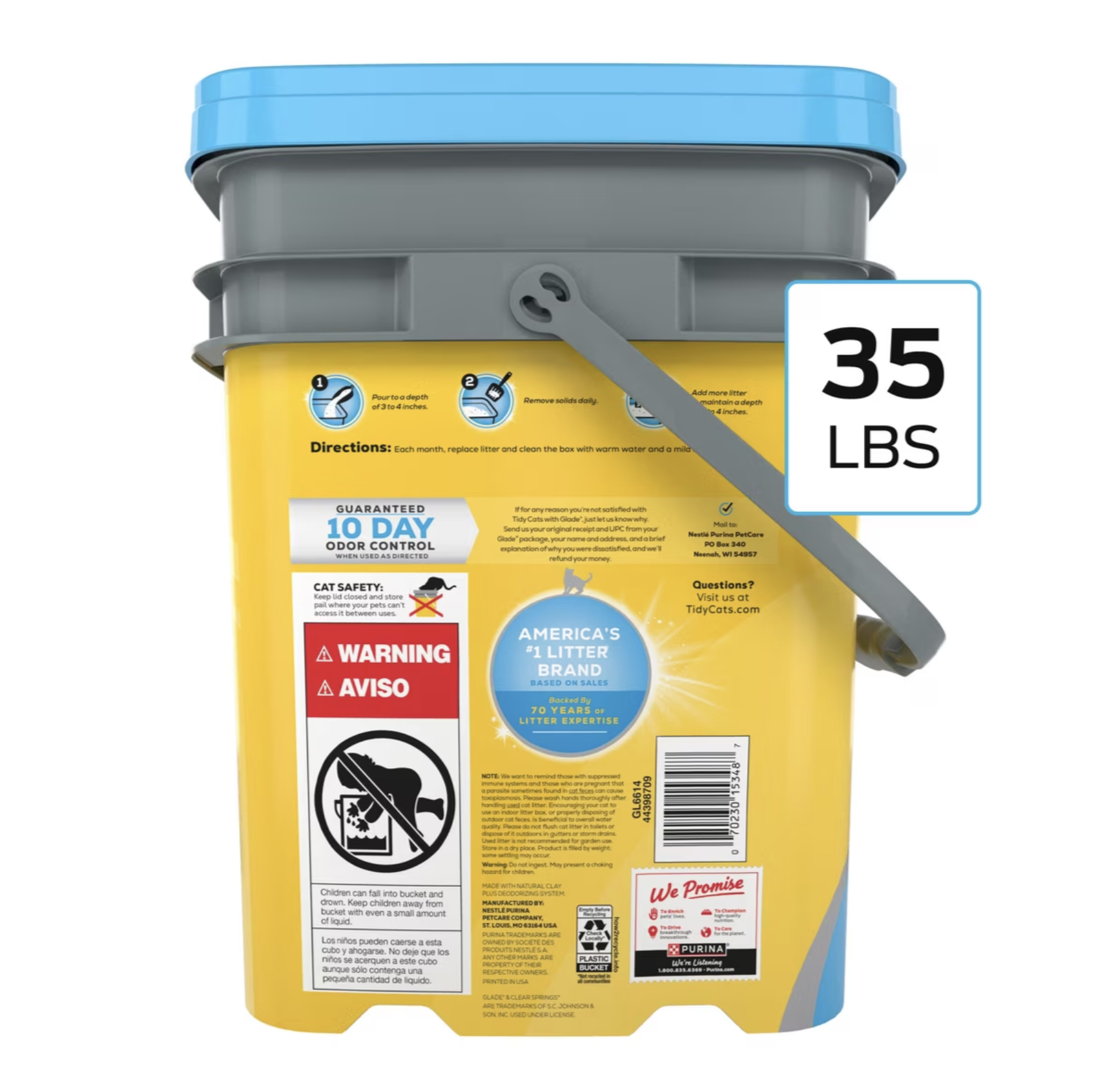 Back of the Tidy Cats pail showing directions, ten-day odour guarantee and safety warnings