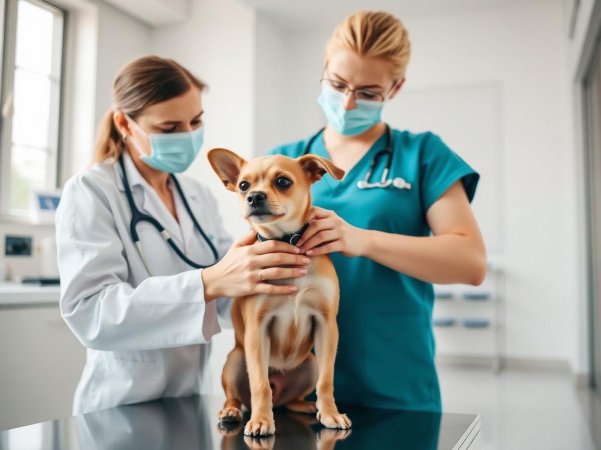 A veterinarian examining a small dog in a consulting room